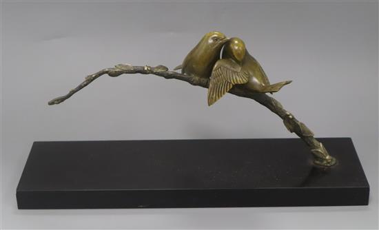 Rochard. An Art Deco French bronze of two birds on a branch, on marble base length 40cm